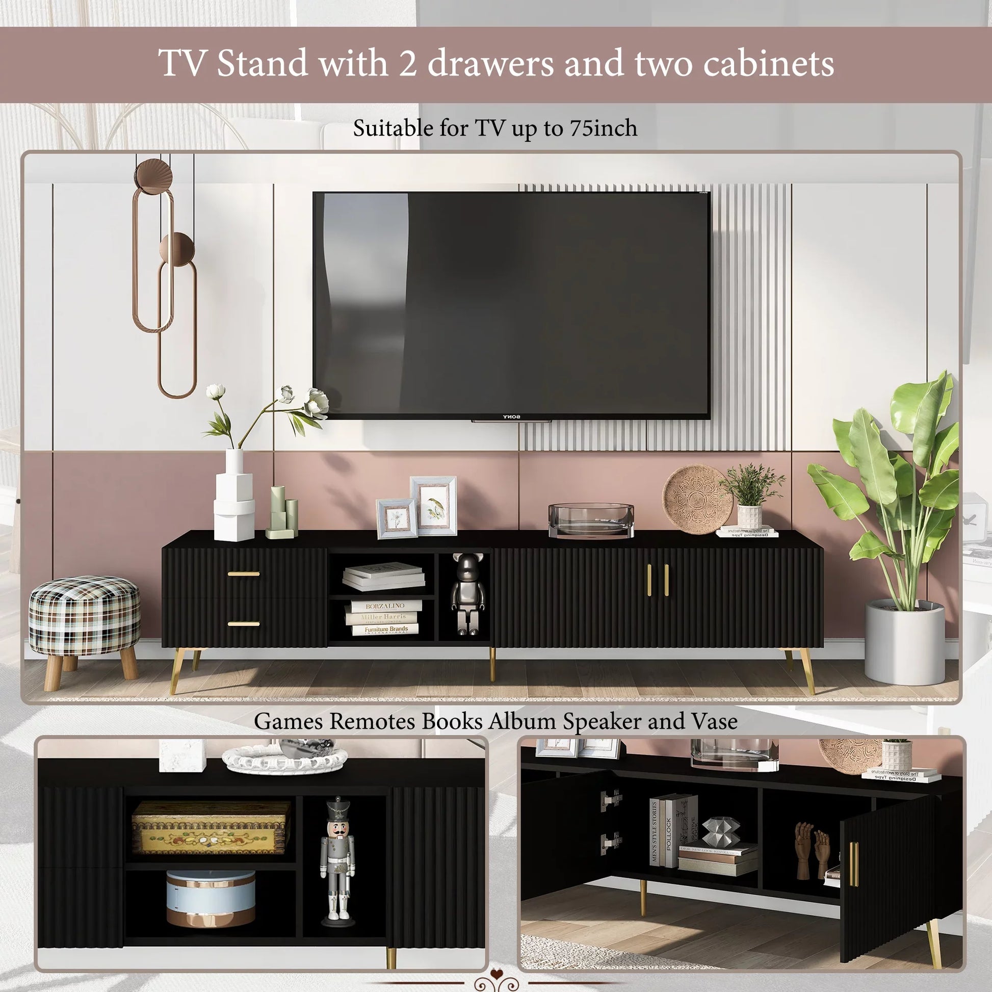 EUROCO Modern TV Stand with 2 Drawers & 3 Shelves & 2 Cabinets and 5 Champagne legs for TVs up to 77", Black
