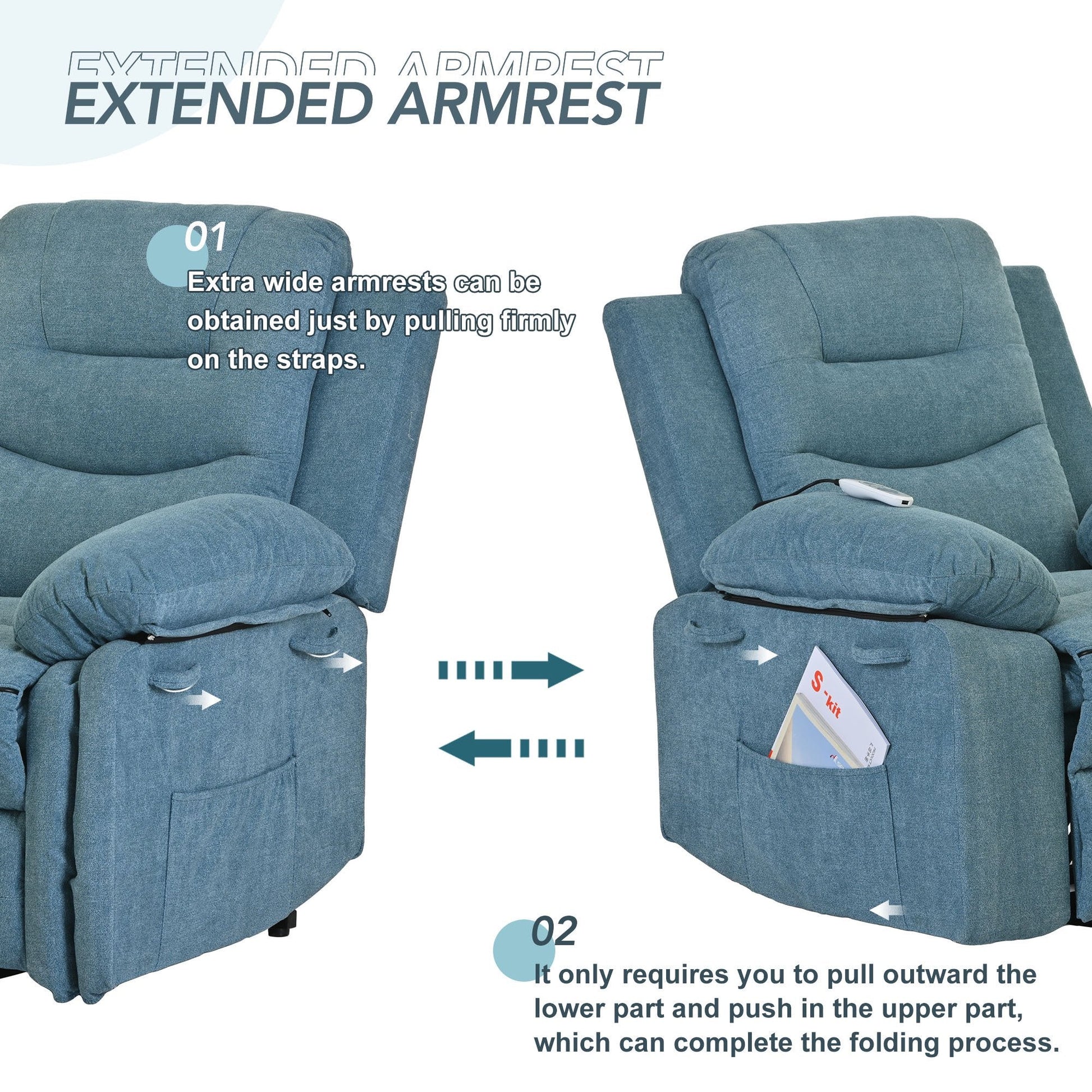 EUROCO 39.8"W Power Lift Recliner Chair Recliners for Elderly with Heat, Vibration and Massage Recliner Chair for Living room with Side Pocket, Infinite Position,Blue