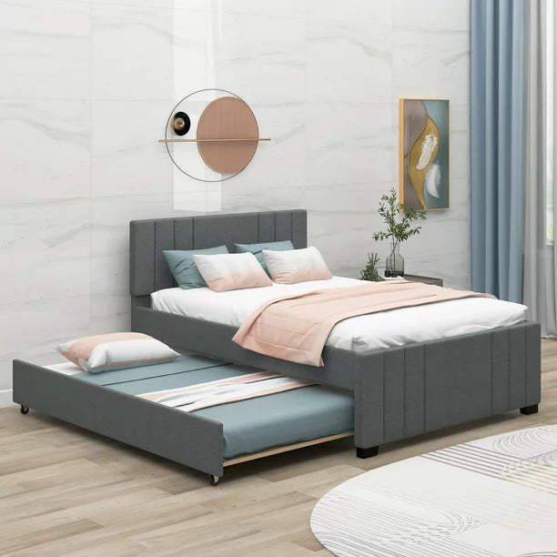 Euroco Full Size Upholstered Platform Bed with Trundle for Kids, Gray