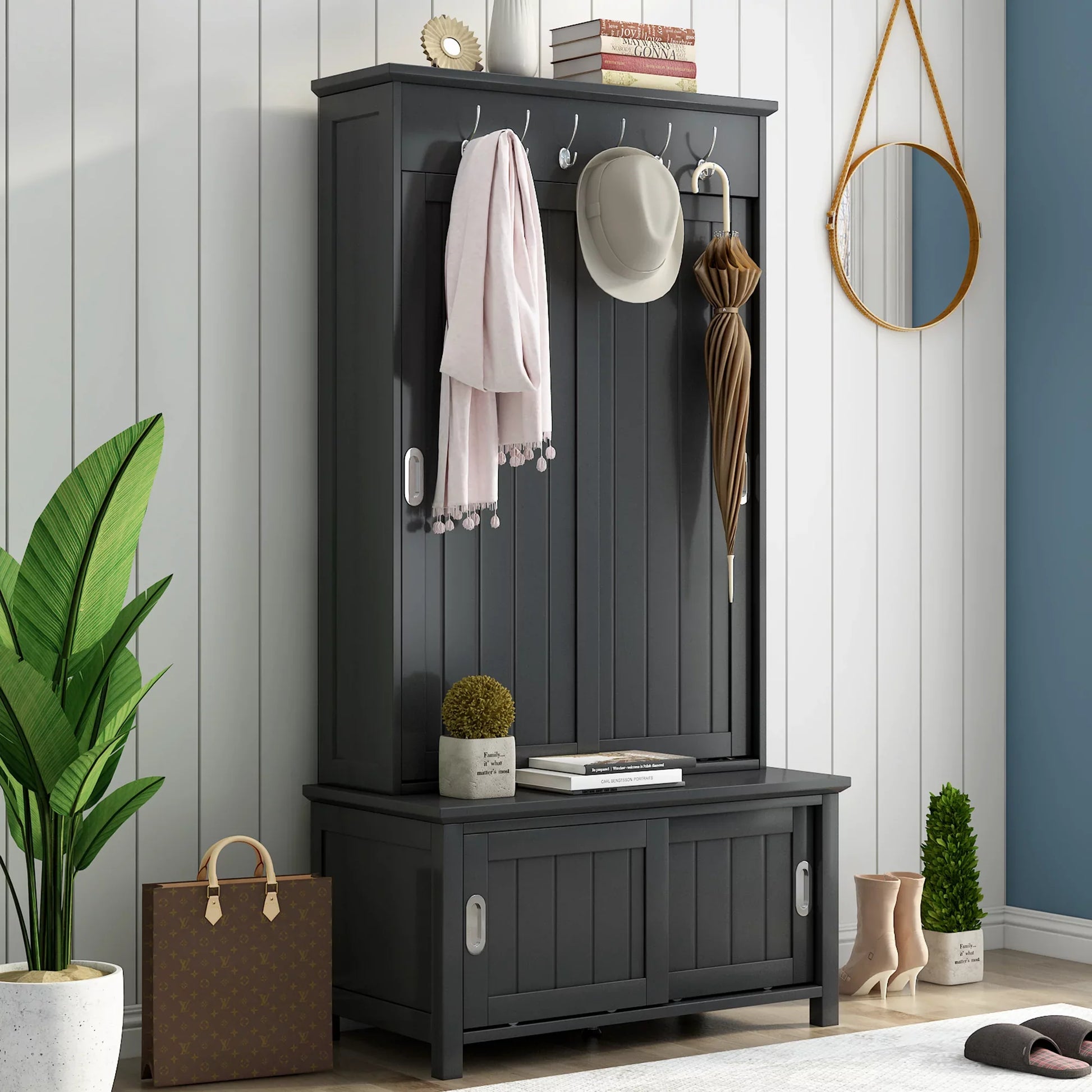EUROCO 70" Hall Tree Entryway Storage Bench Coat Rack with Hanging Hooks & Shelves(Black)