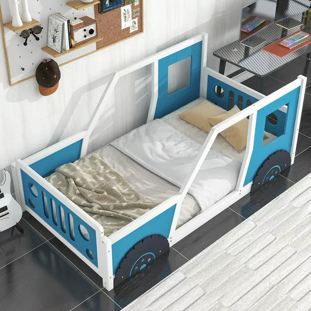 Car-Shaped Twin Size Wood Platform Bed for Kids’ Bedroom, Blue