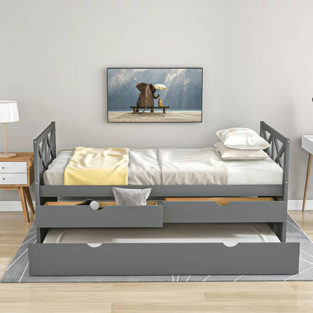 Euroco Classic Pine Wood with Trundle Daybed, Twin for Kids Bedroom, Gray