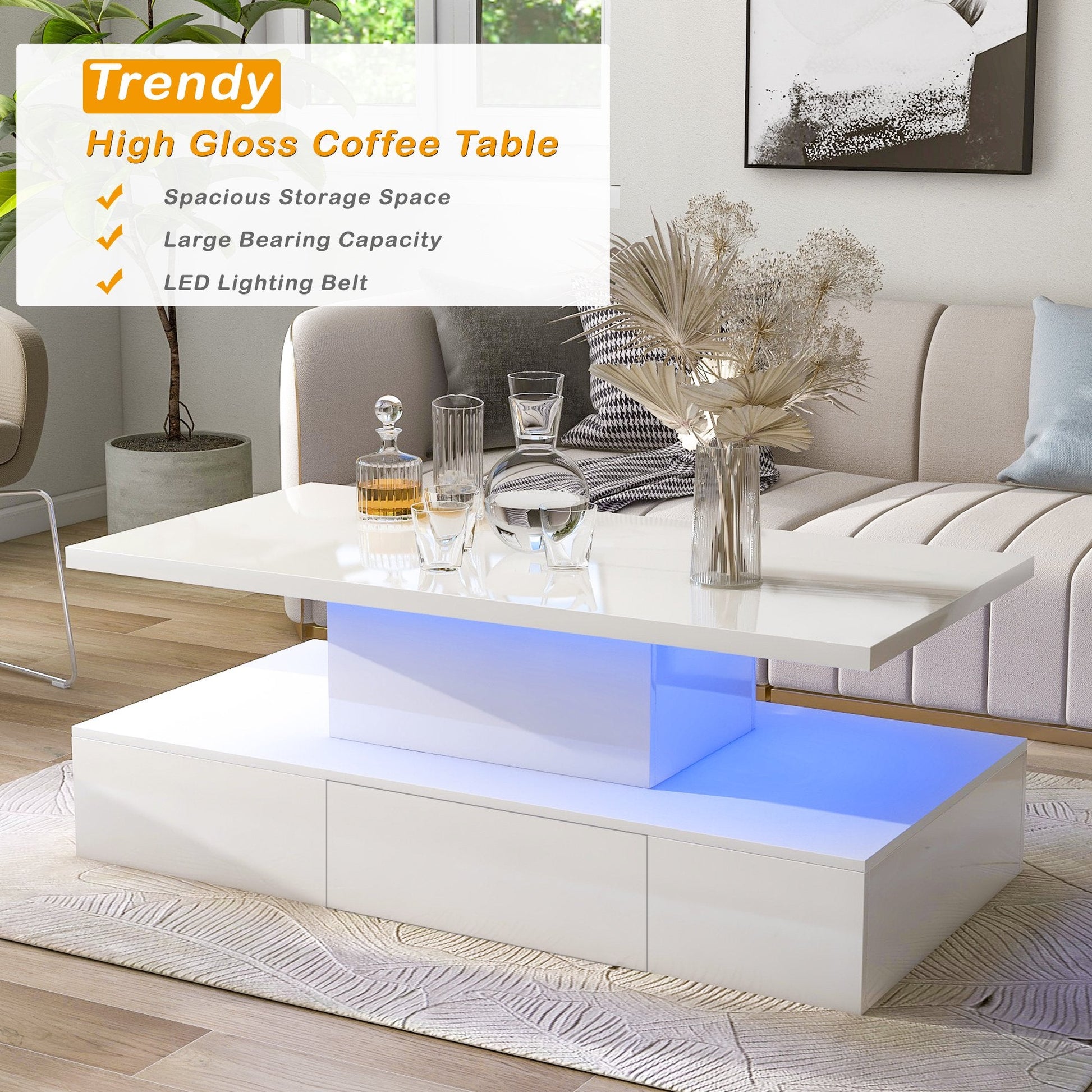 EUROCO 39.3" Coffee Table with Drawer,2-Tier Rectangle LED Center Table White High Gloss Finish
