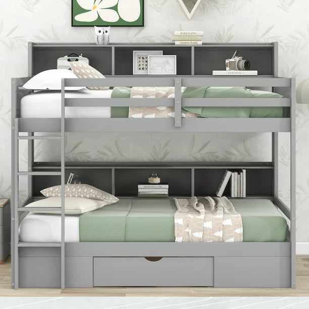 Modern Wood Twin Bunk bed with Shelves and Drawer for Kids Room, Gray