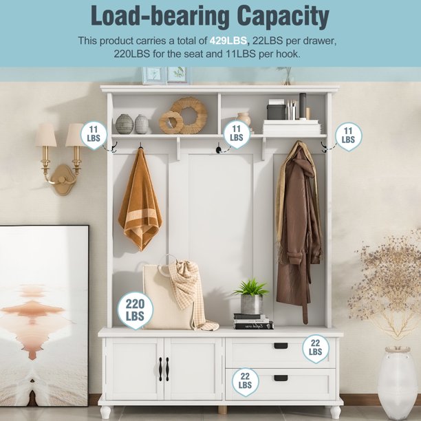 EUROCO 80.3" Large Entryway Hall Tree with Storage Bench and Coat Rack, 5 Hooks, 2 Large Drawers for Hallway Living Room Bedroom Home, White