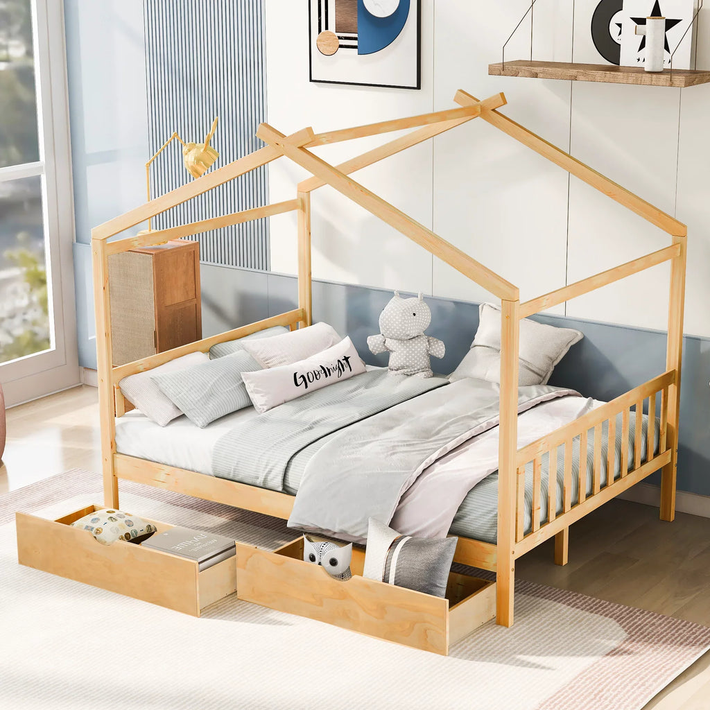 EUROCO Full Size House Platform Bed with Two Drawers for Kids, Natural