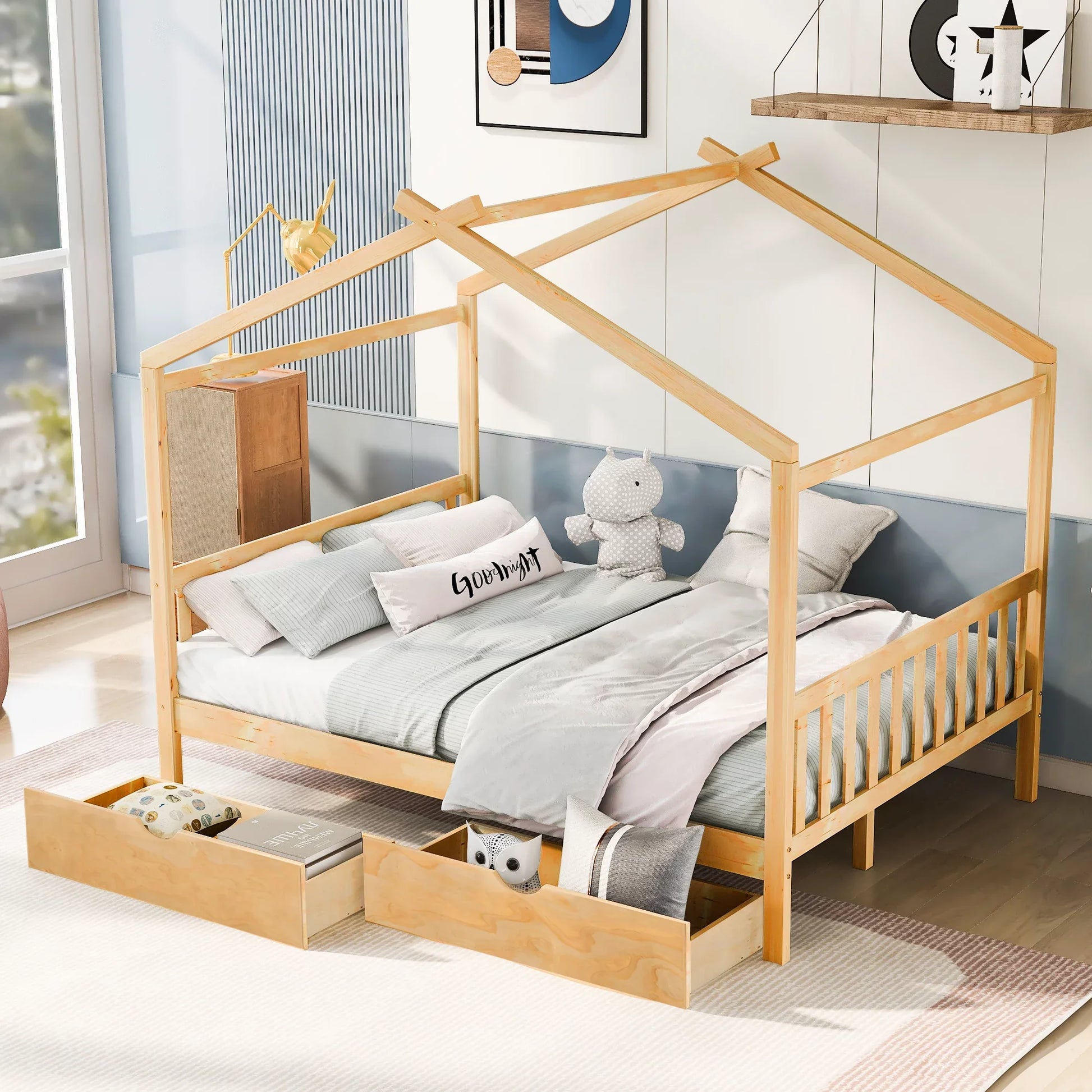 EUROCO Full Size House Platform Bed with Two Drawers for Kids, Natural