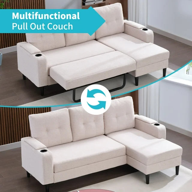 Puremind Sectional Sleeper Sofa with Pull Out Bed, Modern Sectional Sofa with Storage Chaise and Cup Holders, Pull Out Sofa Bed for Living Room, Beige Fabric