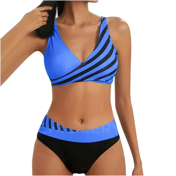 MIARHB Women's Split Print Bikini Sexy Swimming Costume with Bra Pads and No Steel Bra, Blue, L