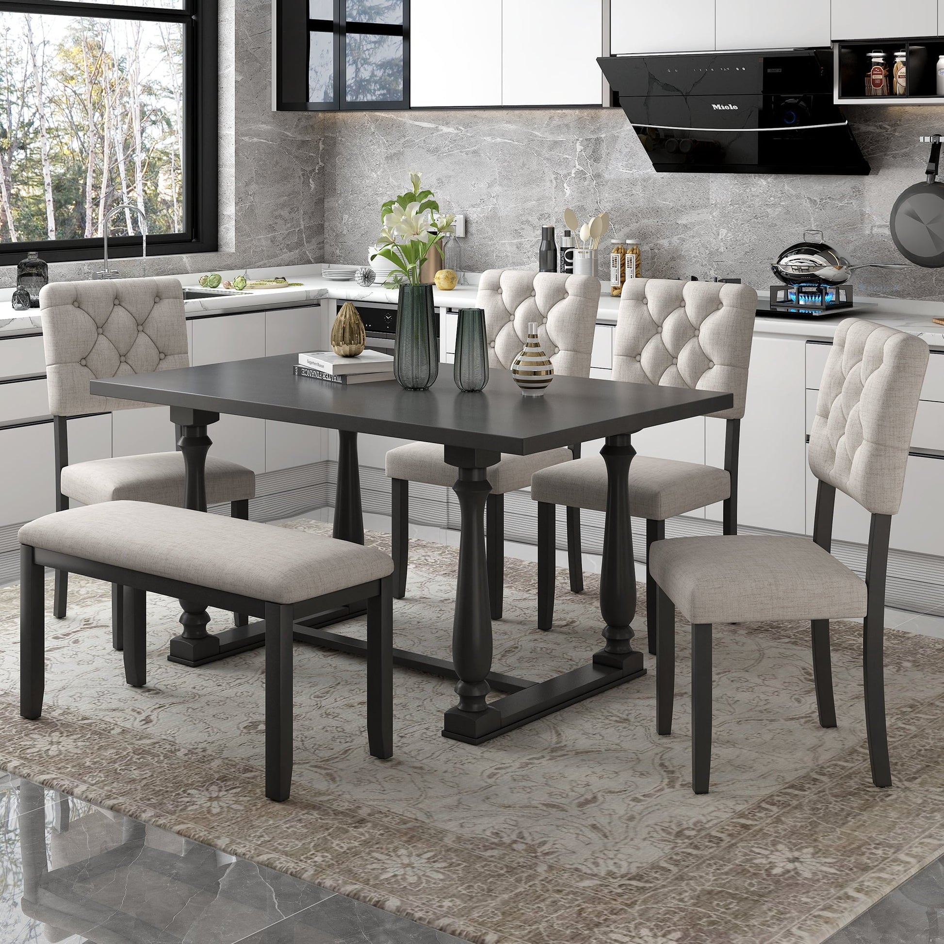 Euroco 6-Piece Dining Table and Chair Set with Special-shaped Legs and Foam-covered Seat Backs&Cushions for Dining Room (Gary)