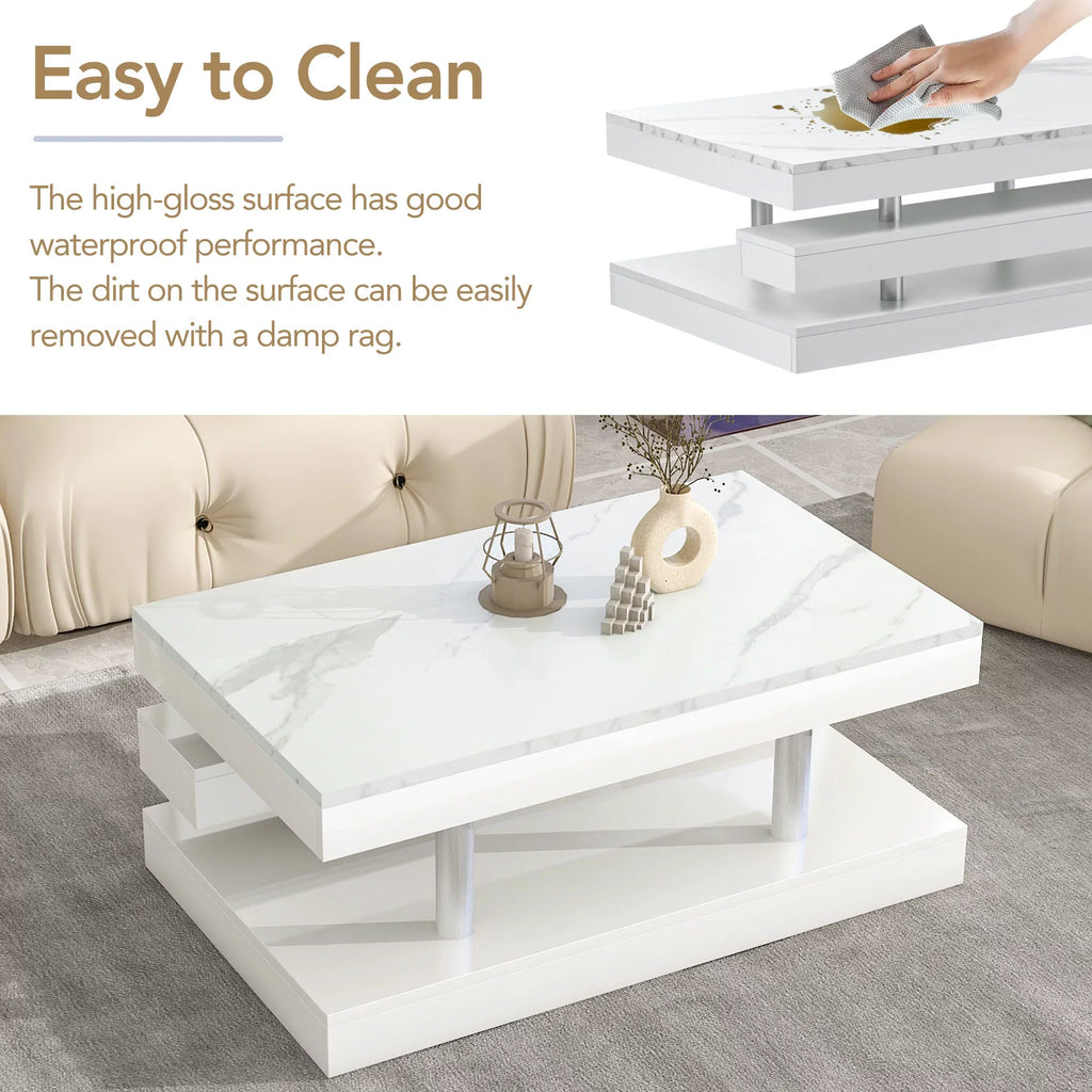 EUROCO 39.3" 2-Tier Coffee Table with Silver Metal Legs, Rectangle Cocktail Table with High-gloss UV Surface, Minimalist Design Center Table for Living Room, White