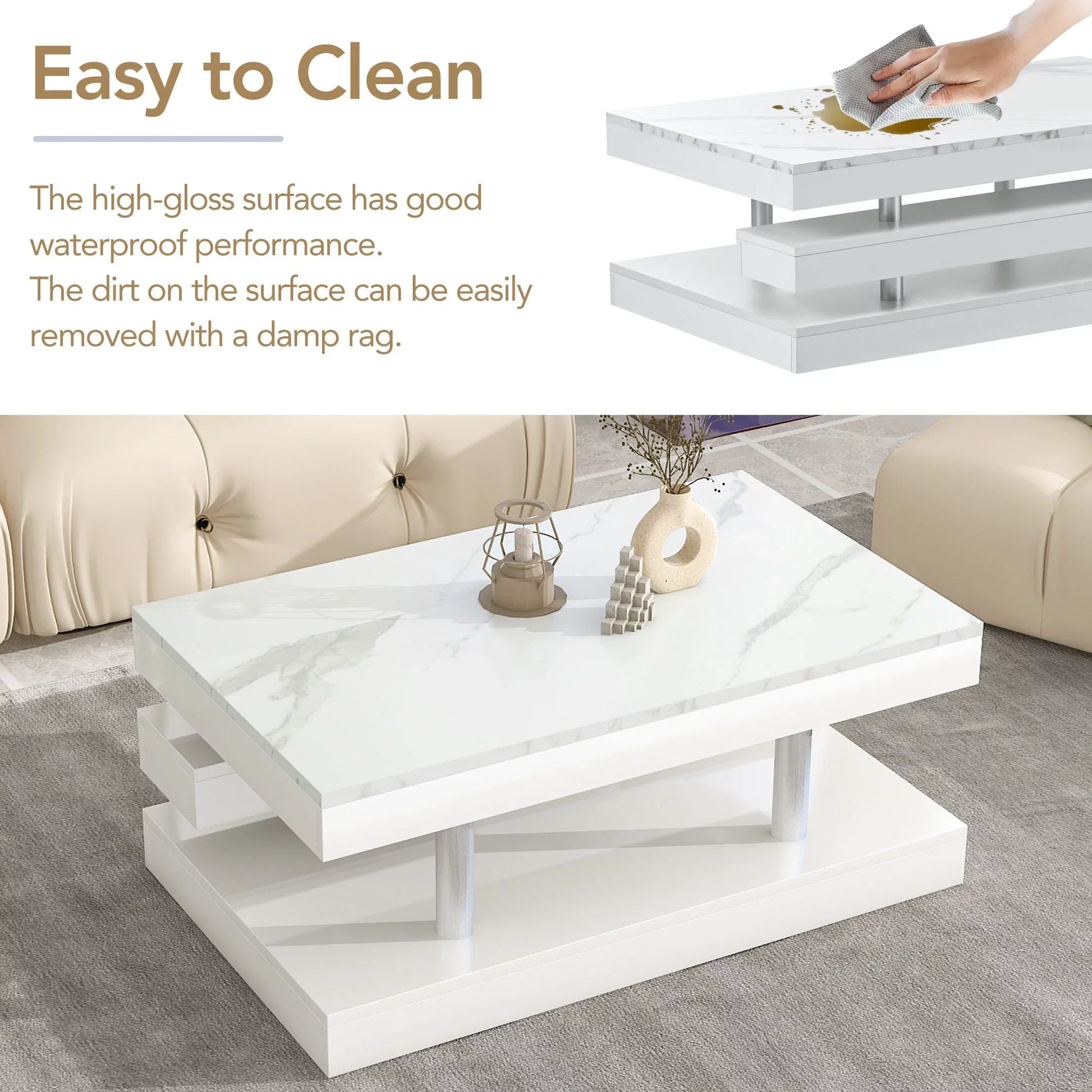 EUROCO 39.3" 2-Tier Coffee Table with Silver Metal Legs, Rectangle Cocktail Table with High-gloss UV Surface, Minimalist Design Center Table for Living Room, White