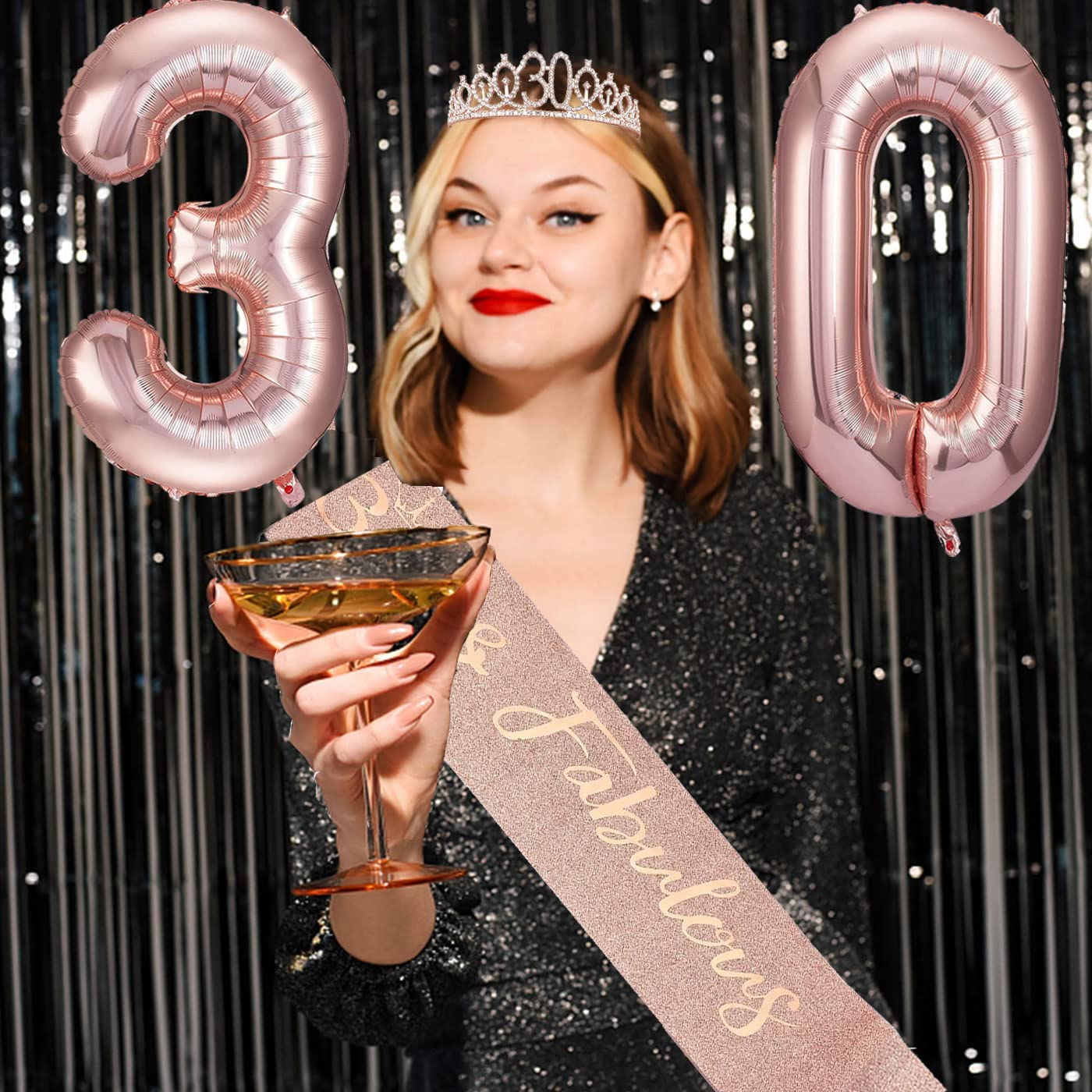 Rose Gold 30th Birthday Decoration Kit, Including Birthday Sash, Crown, Happy Birthday Letters Balloons, Cake Topper and Candles