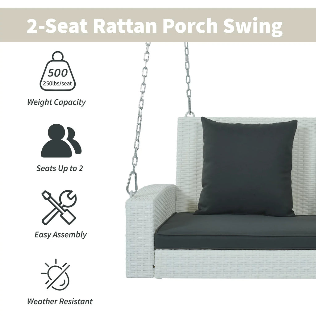 Euroco 2-Person Wicker Hanging Porch Swing with Chains, Cushion, Pillow, Rattan Swing Bench for Garden, Backyard, Pond, Gray