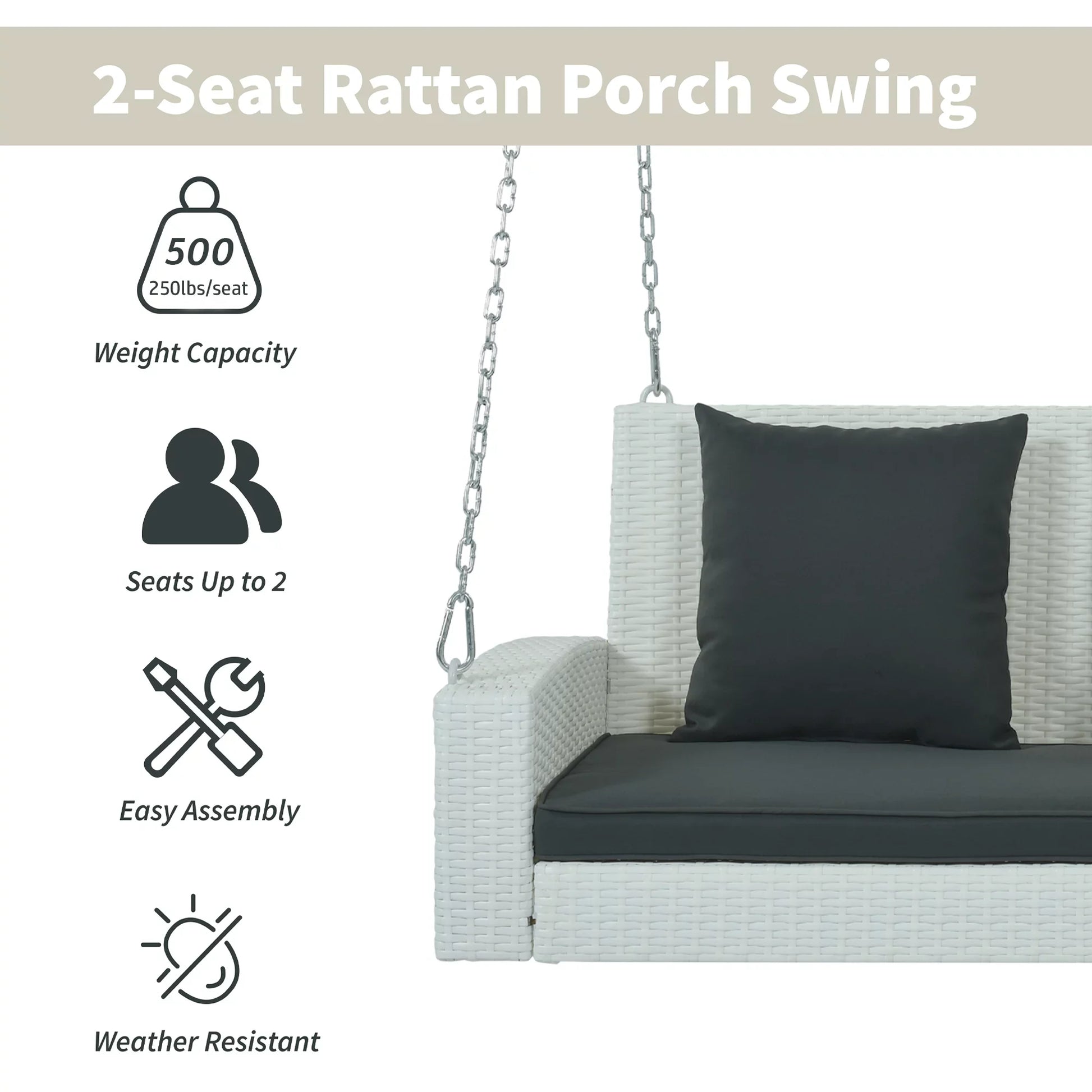 Euroco 2-Person Wicker Hanging Porch Swing with Chains, Cushion, Pillow, Rattan Swing Bench for Garden, Backyard, Pond, Gray