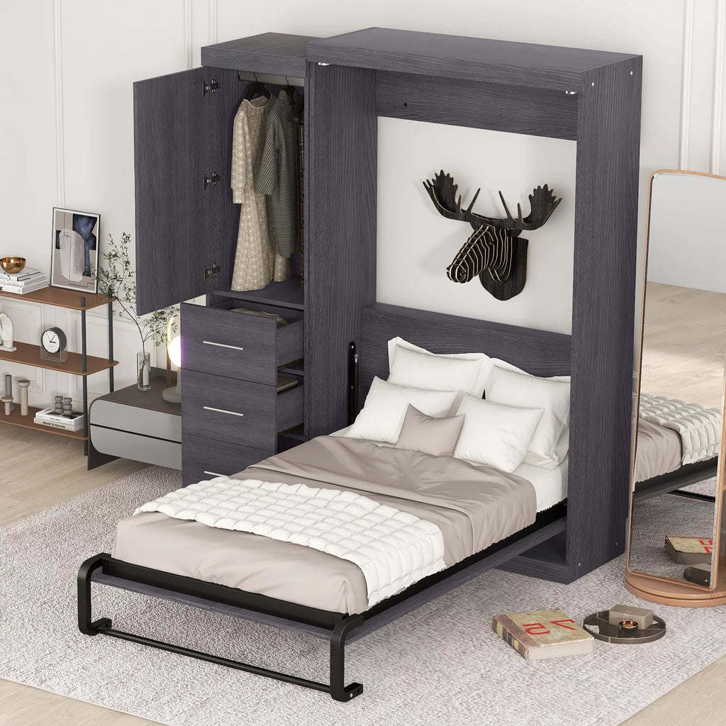 Wood Twin Murphy Wall Bed with Wardrobe and Drawers for Kids Bedroom, Gray