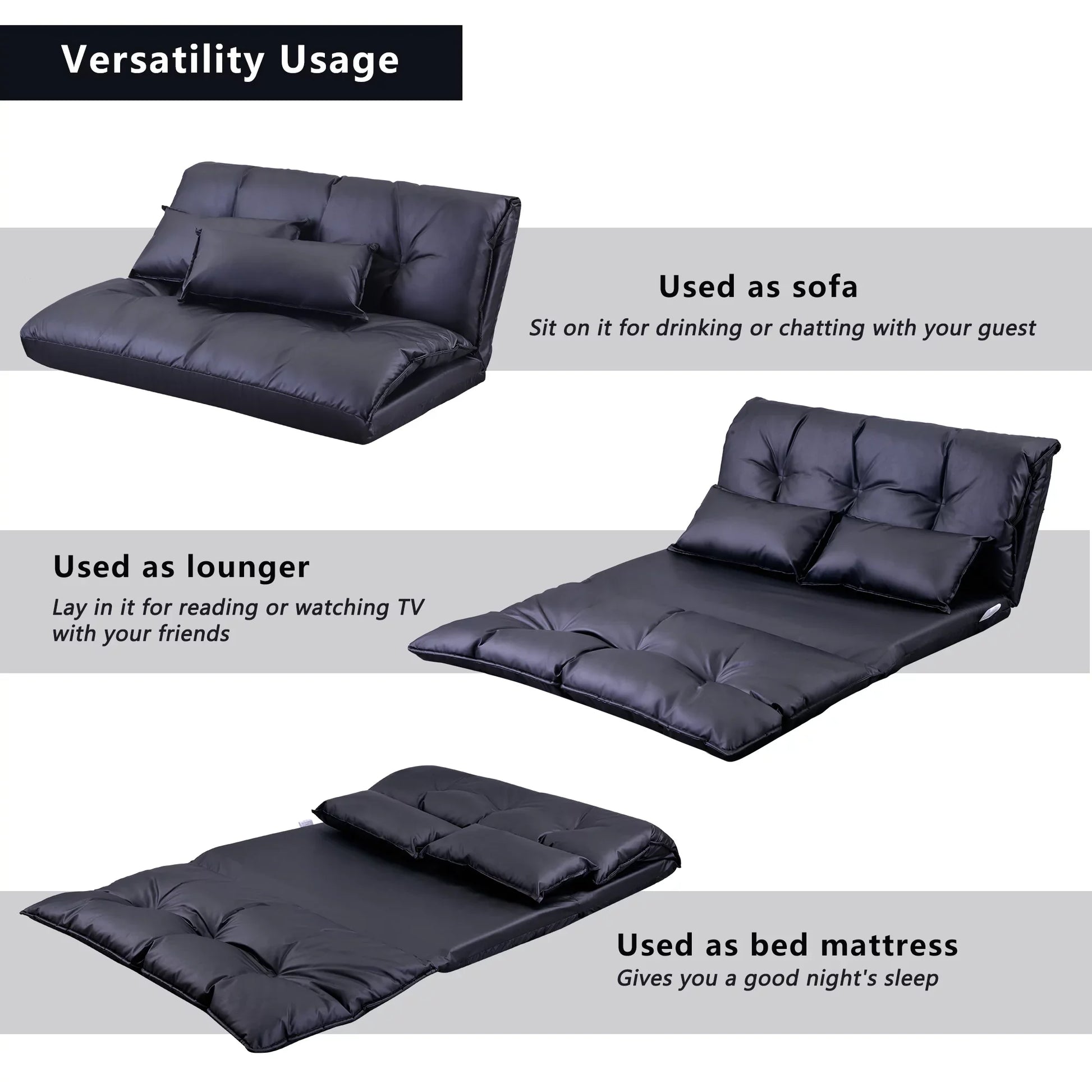 Lazy Sofa Adjustable Folding Futon Sofa Video Gaming Sofa with Two Pillows, Black PU