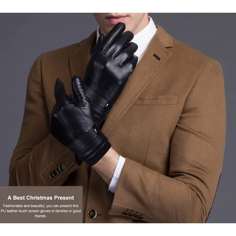 Men Leather Gloves, Warm Winter Gloves for Men Adults Anti-slip Touchscreen Gloves PU Leather Windproof Cold Weather Gloves, Black & XL