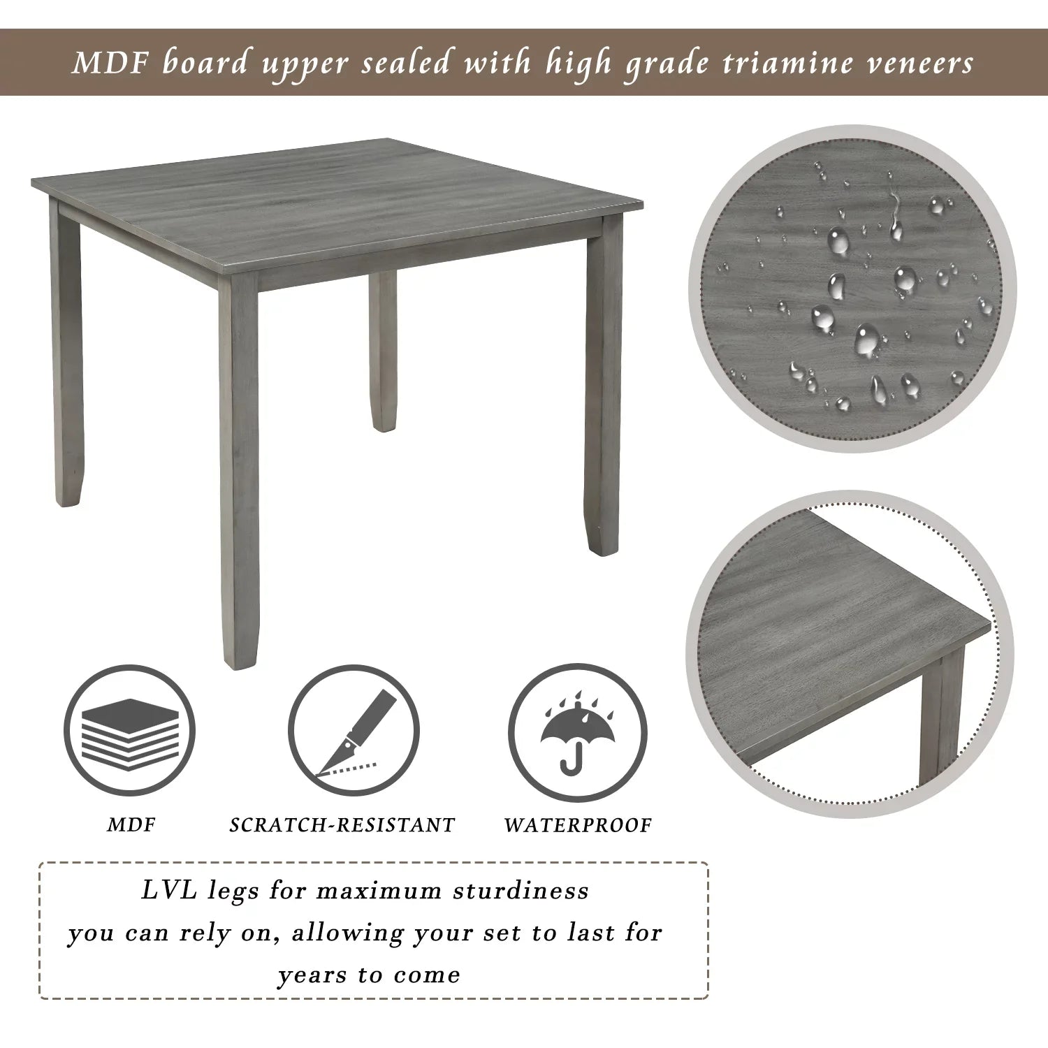 EUROCO 4 Person Modern Farmhouse Wood Small Dining Table Dining Room Kitchen Table Set Dining 4 Chairs Set, 35 Inch, Grey