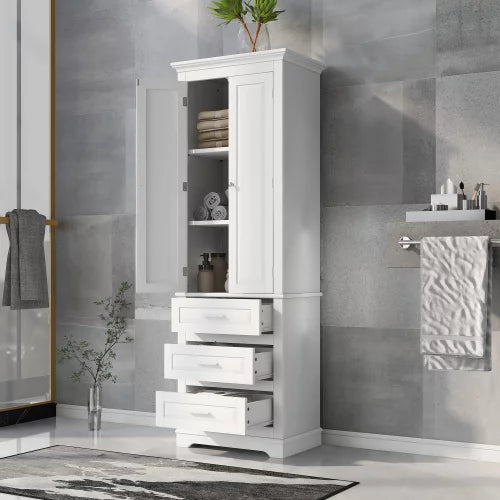EUROCO 70" Bathroom Floor Tall Storage Cabinet,Kitchen Pantry, Farmhouse Pantry Cabinet with Glass 2 Doors & 3 Drawers and Adjustable Shelves,White