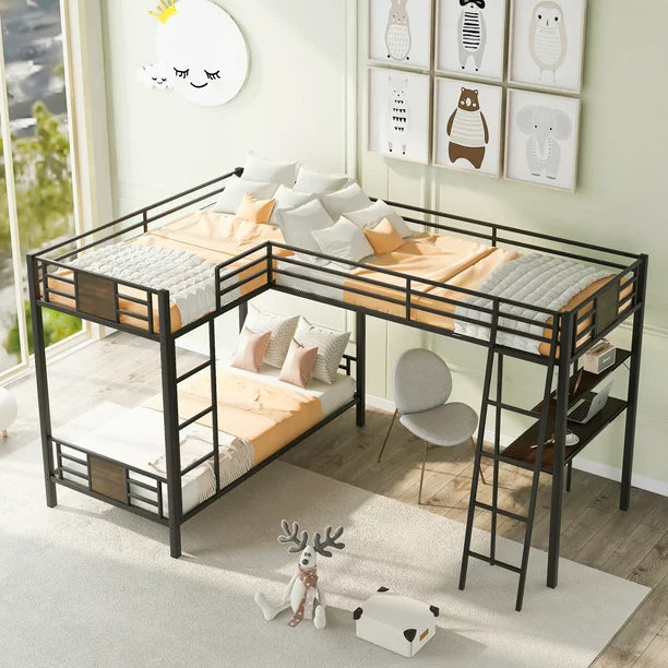 Euroco L-Shaped Twin over Twin Bunk Bed with Desk and Shelf for Kids Bedroom, Brown