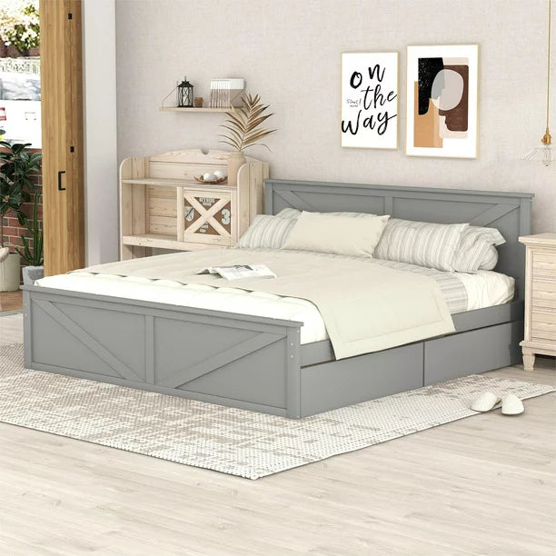 Pine Wood King Size Platform Bed with Four Storage Drawers for Living Room, Gray