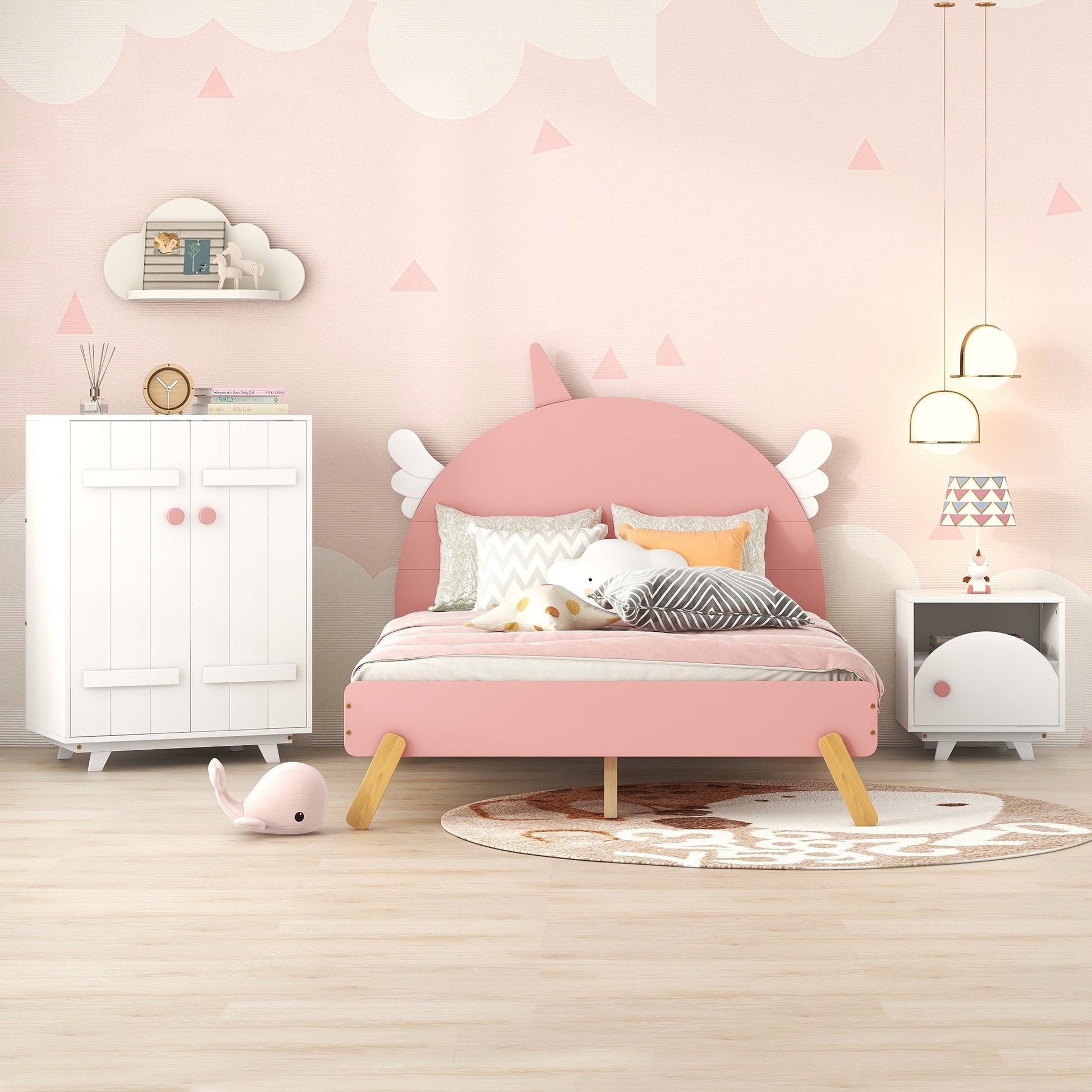 Euroco 3-Piece Bedroom Set with Full Platform Bed, Nightstand and Wardrobe, Pink