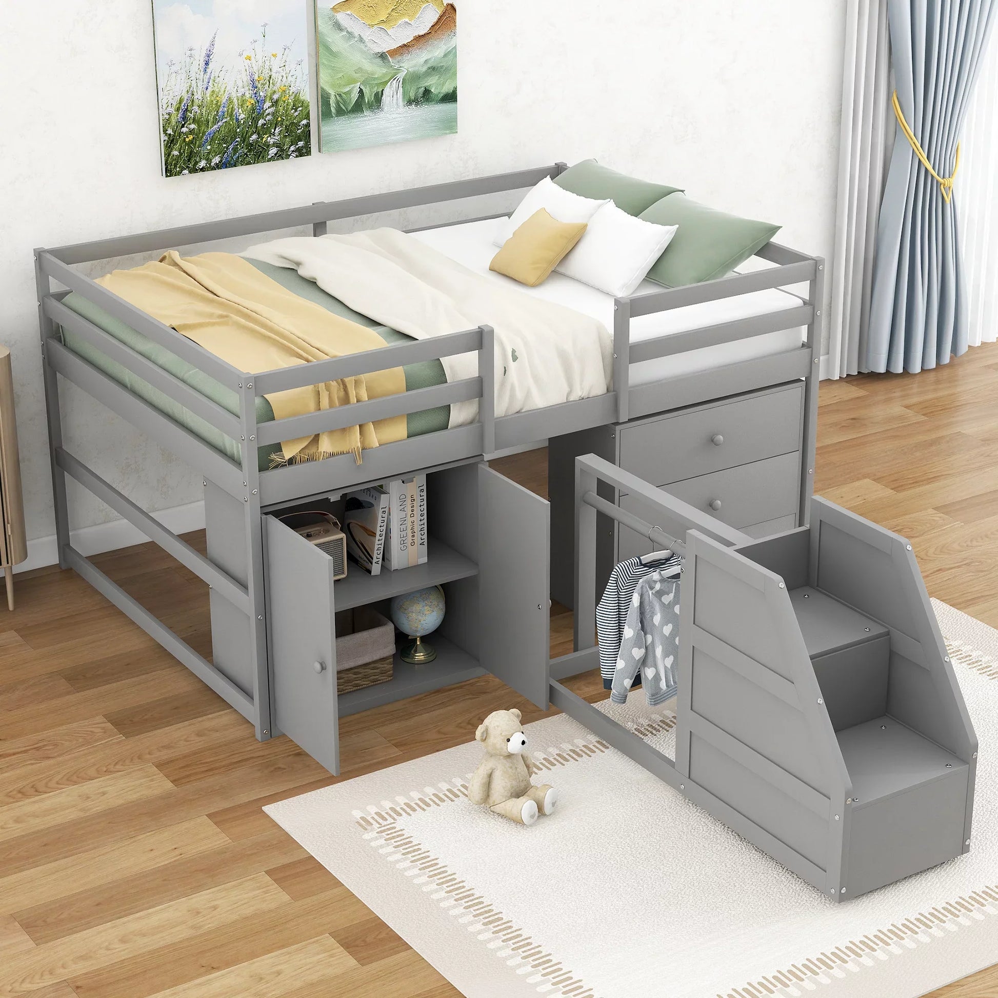 Pine Wood Full Size Loft Bed with Cabinet, Drawers and Clothes Hanger for Kids, Gray