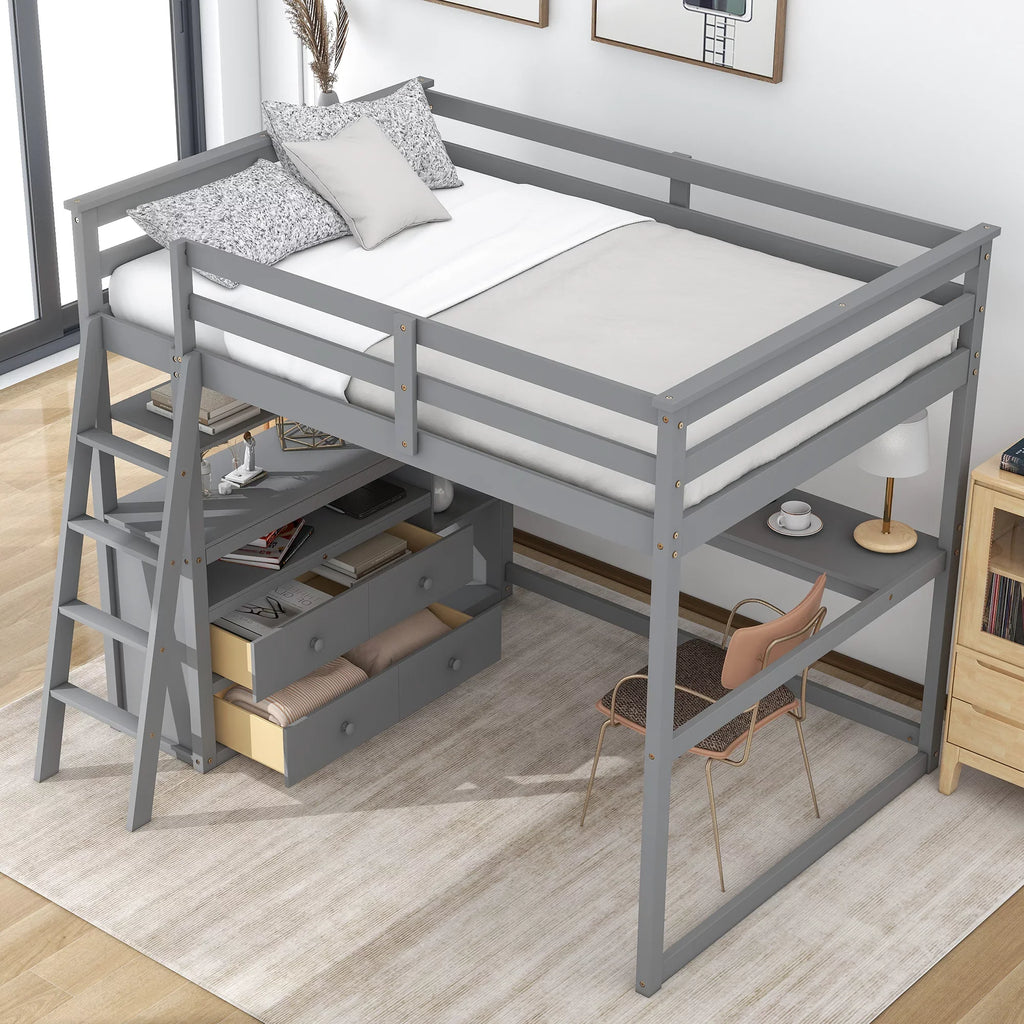 Full Wood Loft Bed with Desk and Cabinets for Kids, Gray
