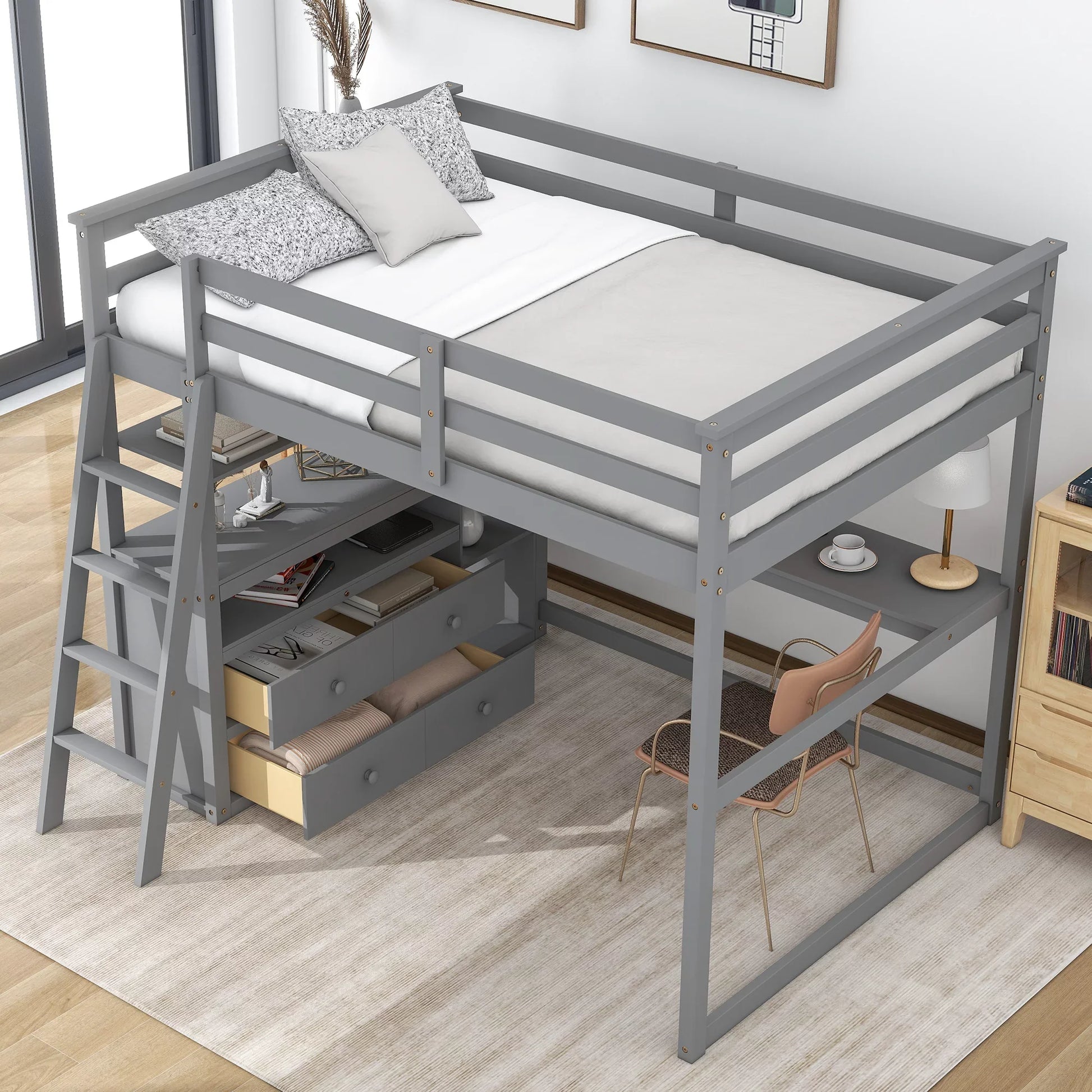 Full Wood Loft Bed with Desk and Cabinets for Kids, Gray