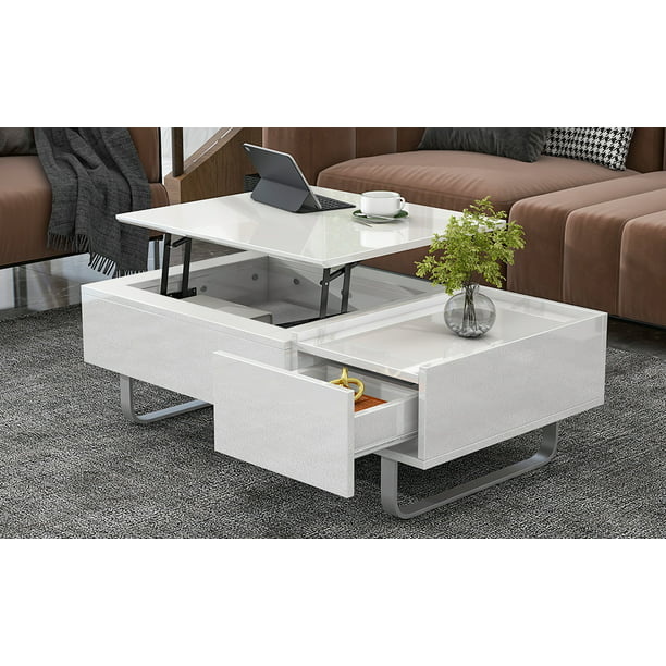 EUROCO Modern 45.3" Rectangle High-gloss Lift Top Coffee Table with Drawer,White