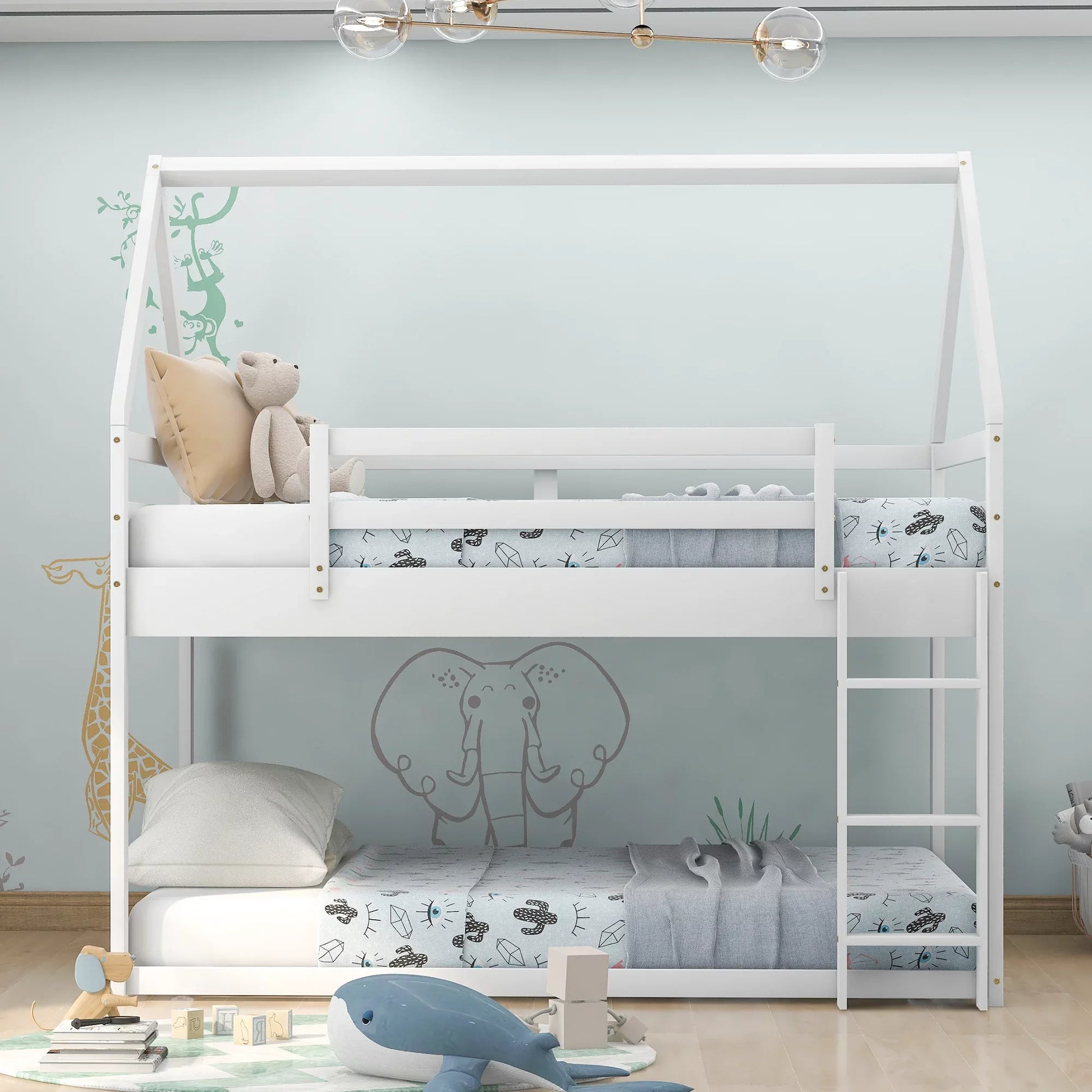 Pine Wood Bedroom Bunk Bed, Twin-over-Twin, White