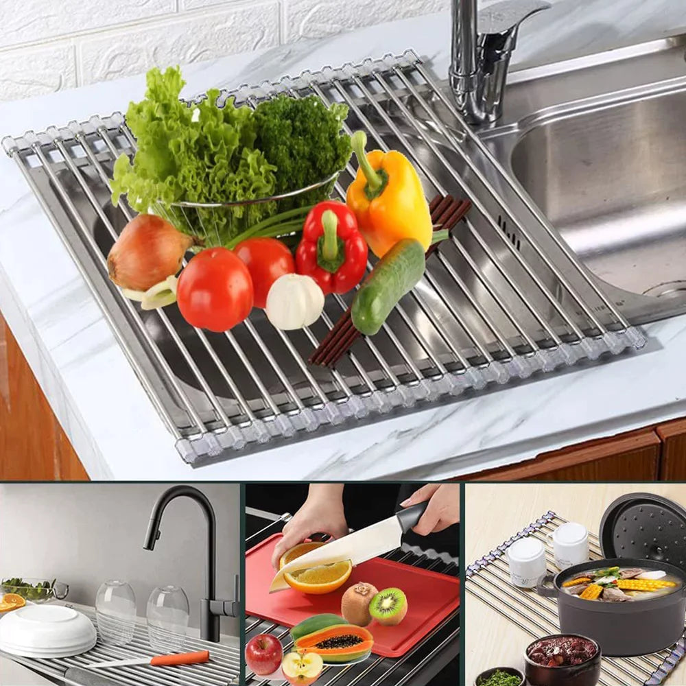 Kitchen Roll up Sink Dish Drying Rack, Dish Drainer, Stainless Steel Foldable Sink Rack Mat (17.8''x11.8'') ALPACASSO