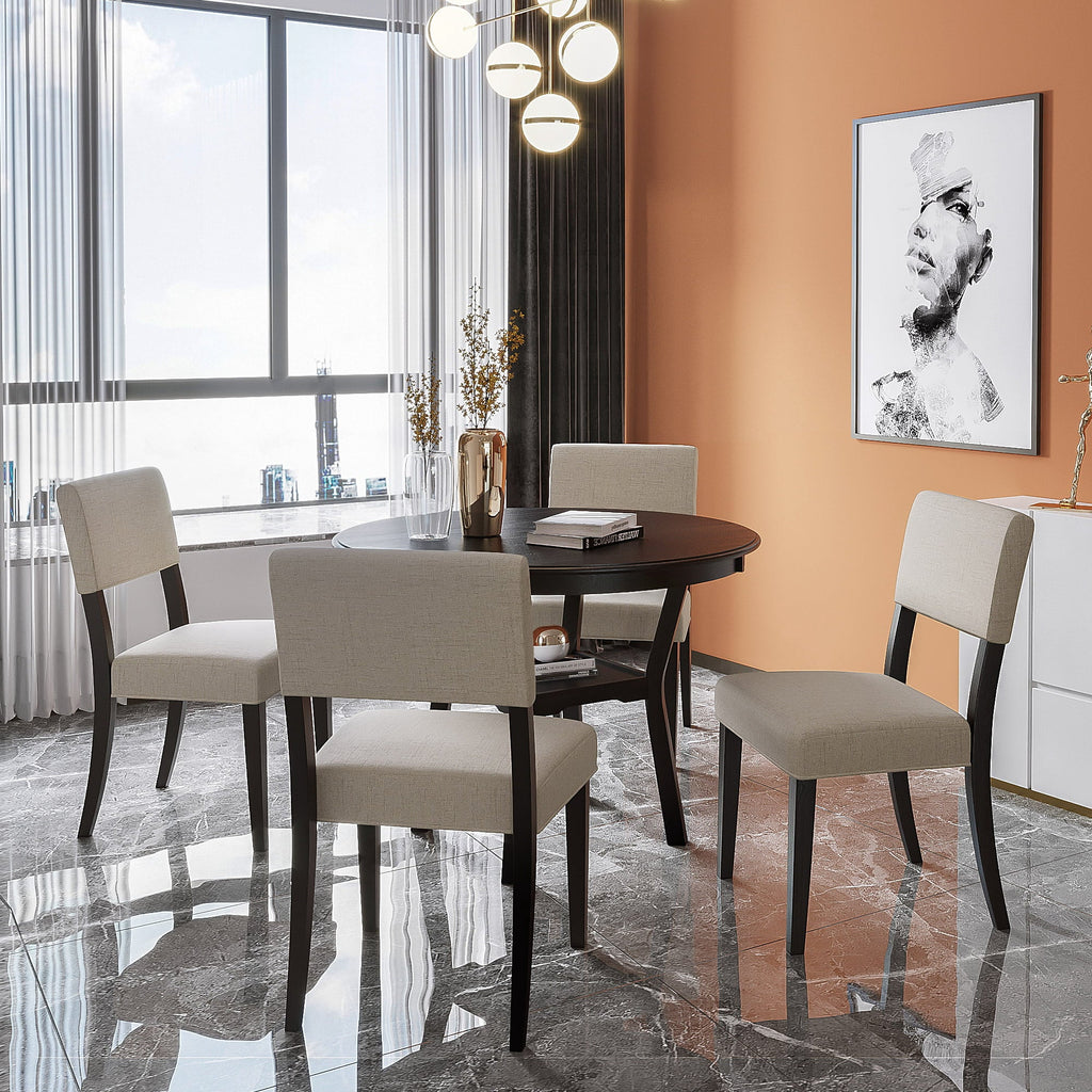 Euroco 42" 5-Piece Kitchen Dining Table Set Round Table with Bottom Shelf, 4 Upholstered Chairs for Dining Room（Espresso）