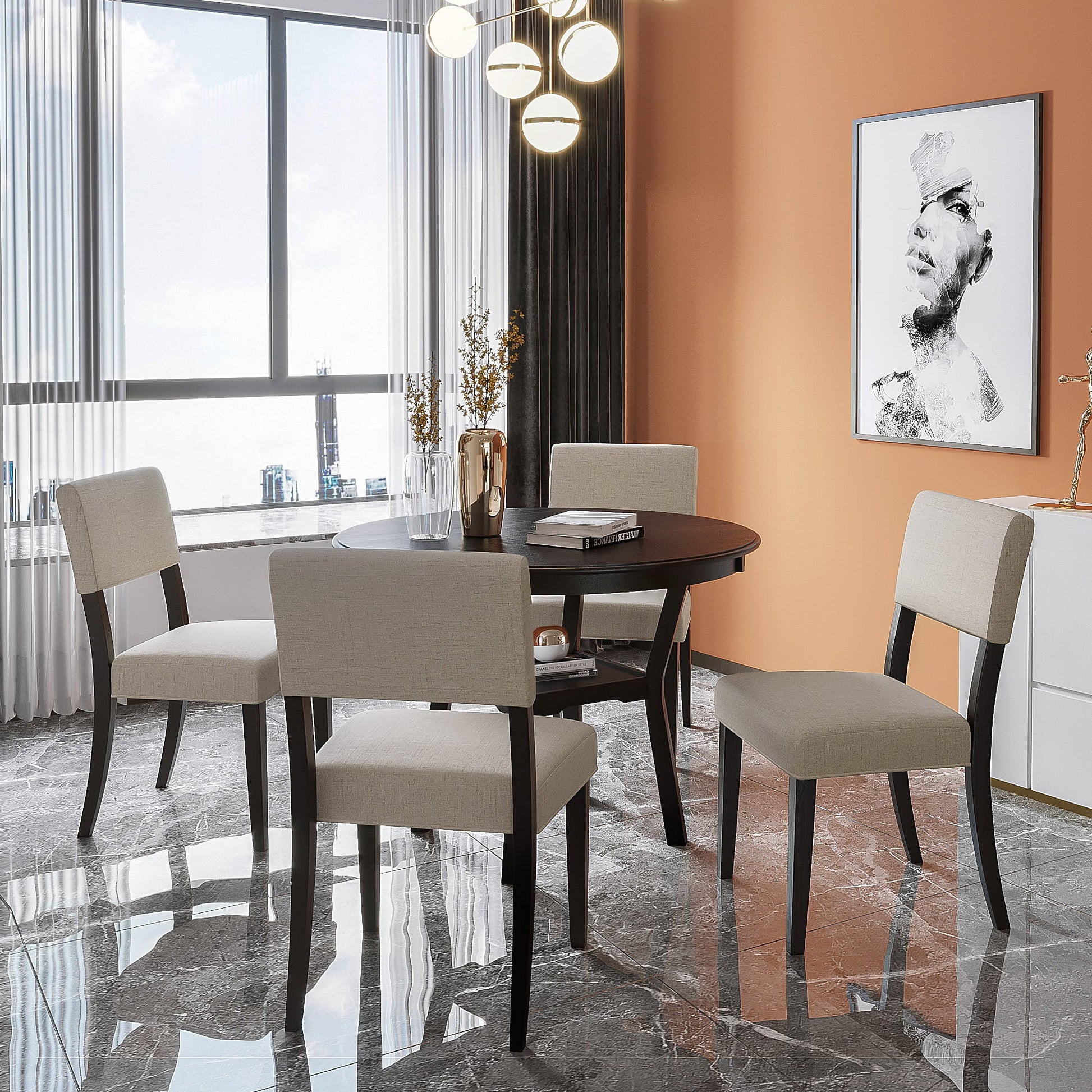 Euroco 42" 5-Piece Kitchen Dining Table Set Round Table with Bottom Shelf, 4 Upholstered Chairs for Dining Room（Espresso）