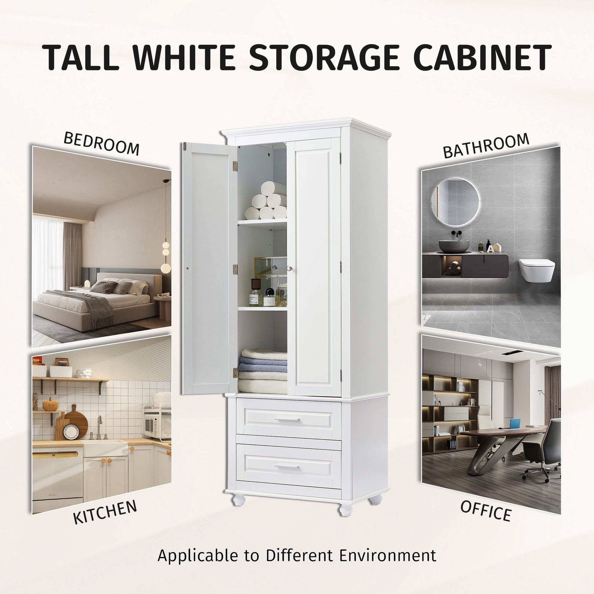 EUROCO 70" Bathroom Floor Tall Storage Cabinet,Kitchen Pantry, Farmhouse Pantry Cabinet with Glass 2 Doors & 2 Drawers and Adjustable Shelve,White