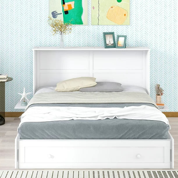 EUROCO Queen Size Murphy Bed with Shelf and Drawer for Adult Bedroom, White
