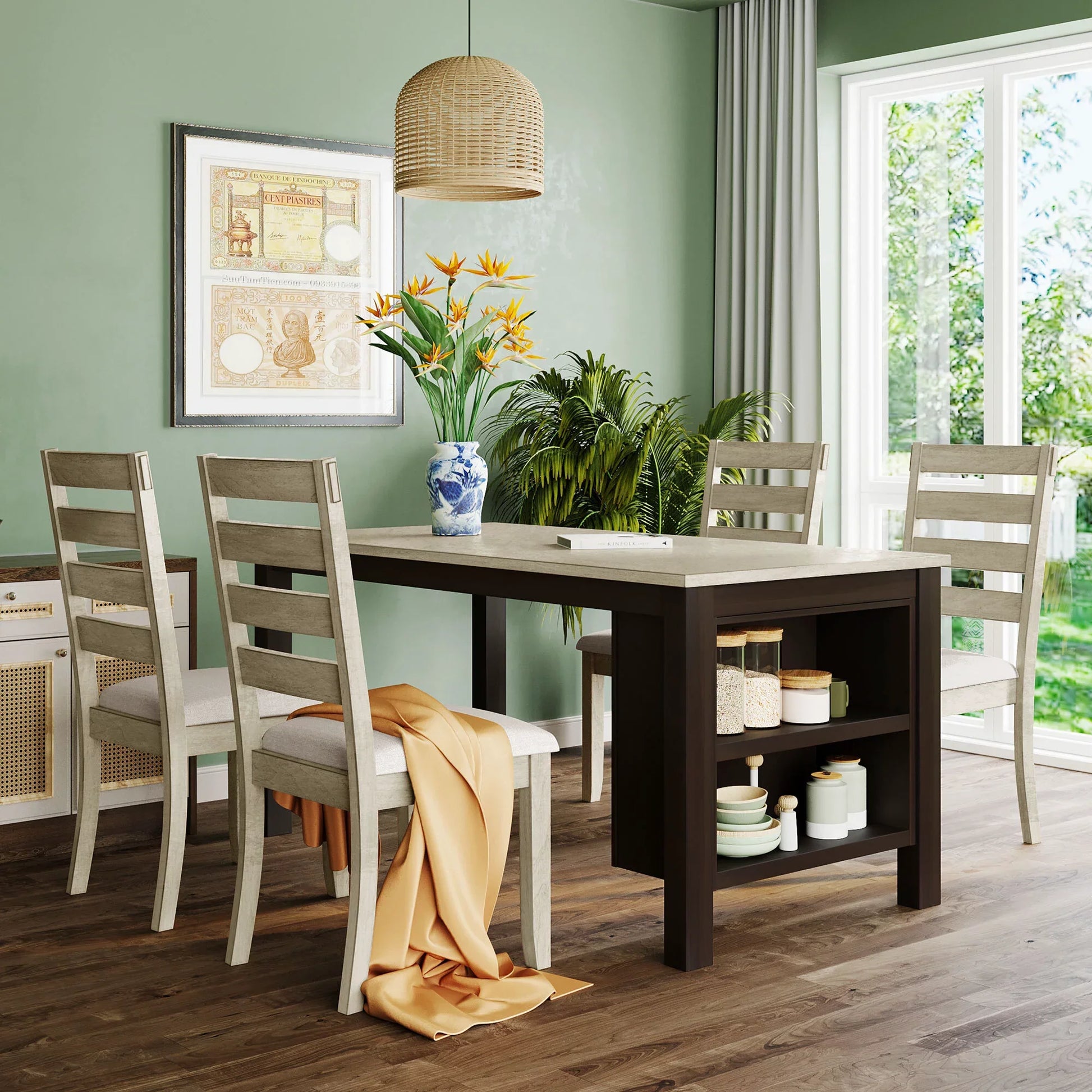 EUROCO Farmhouse Wood 59.8" 5-Piece Dining Table Set with 2-Tier Storage Shelves,Kitchen Set for 4 with Padded Dining Chairs, Beige