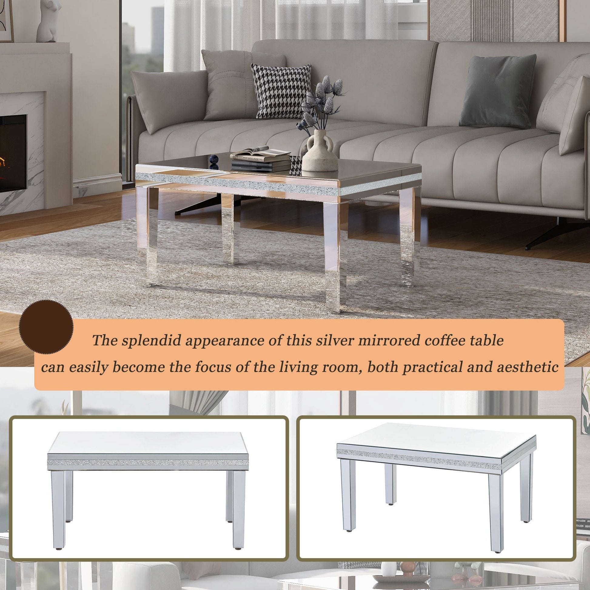 EUROCO 35.4” Mirrored Coffe Table with Adjustable Height Legs,Mirrored Cocktail Table Crystal Glass(Silver)