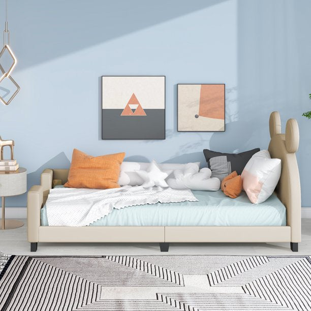 Mickey Mouse Shaped Twin Size Upholstery Daybed with Headboard for Kids, Gray