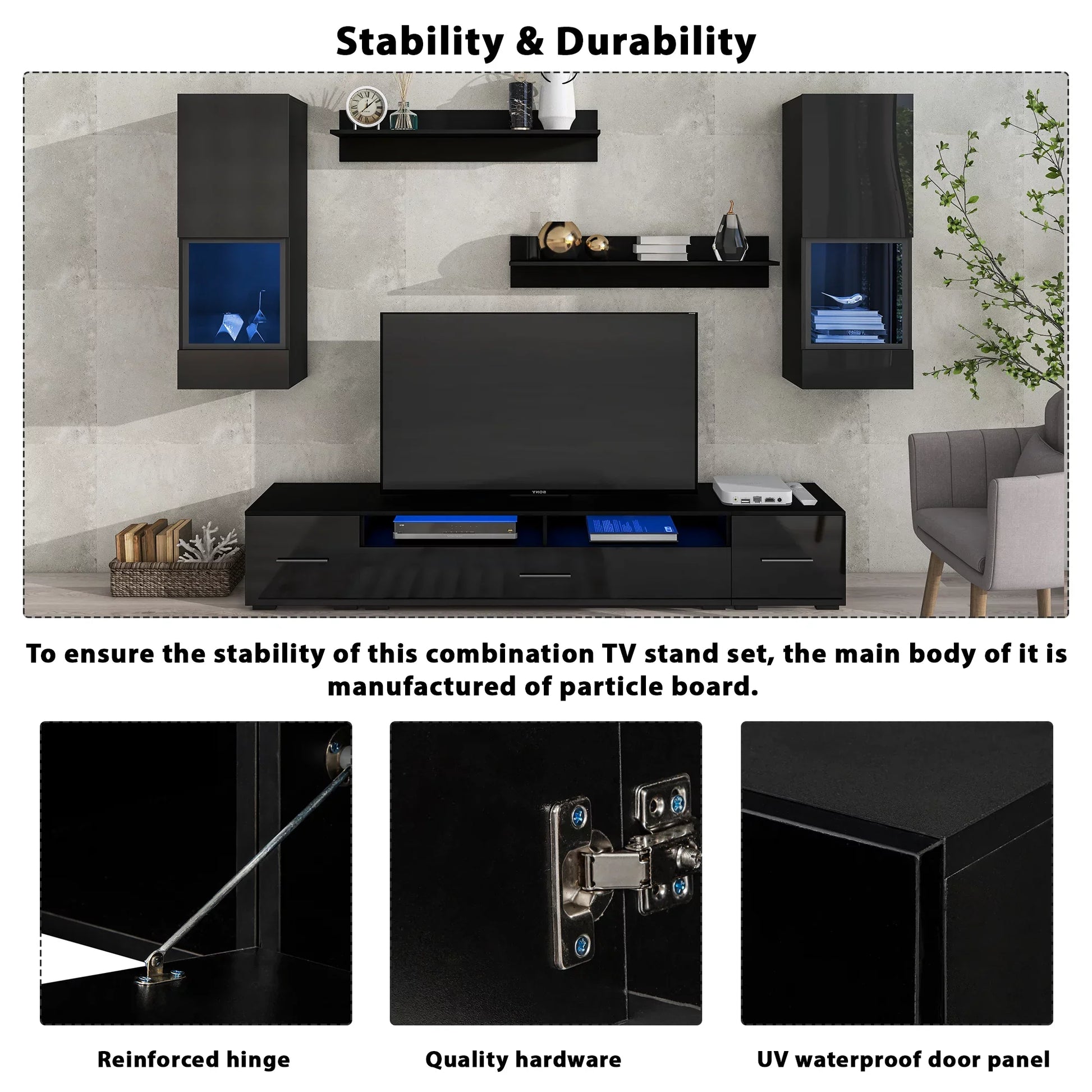 EUROCO 7PCS Floating TV Stand Set Up to 90"+ High Gloss Wall Mounted Entertainment Center with 16-color LED Light Strips,Extended, Minimalist Style,Black