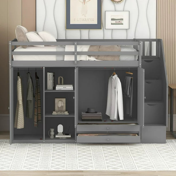Wood Twin Loft Bed with Wardrobe, Shelf and Drawers for Bedroom, Gray