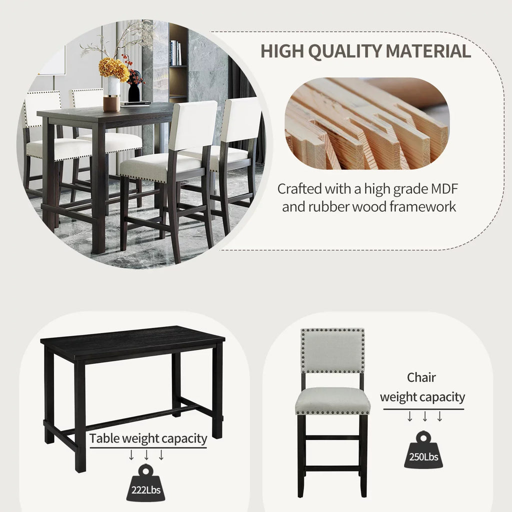 EUROCO 5-Piece Kitchen Dining Table,36.3” Counter Height Table Set with Rectangular Table and 4 Cushioned Chairs for Dining Room