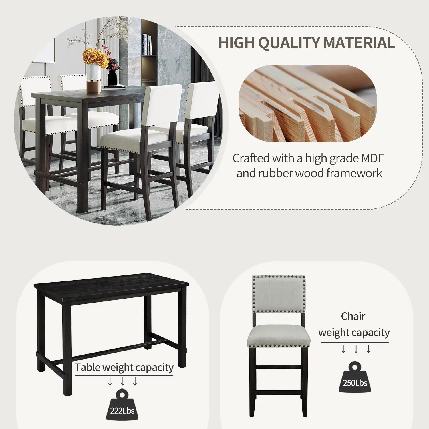EUROCO 5-Piece Kitchen Dining Table,36.3” Counter Height Table Set with Rectangular Table and 4 Cushioned Chairs for Dining Room