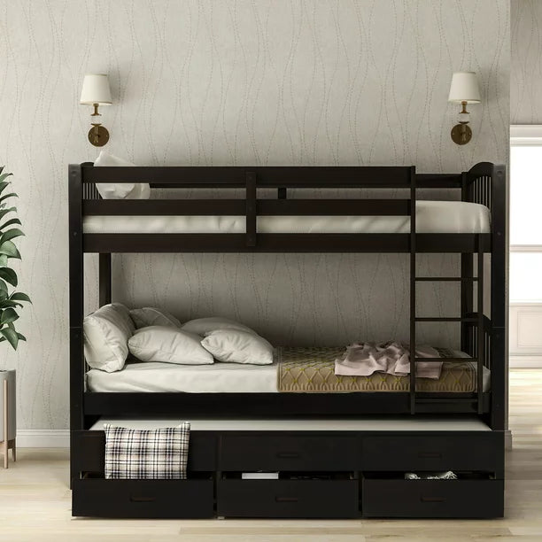 Euroco Twin Over Twin Wood Bunk Bed with Trundle and Drawers for Bedroom, Dark Brown