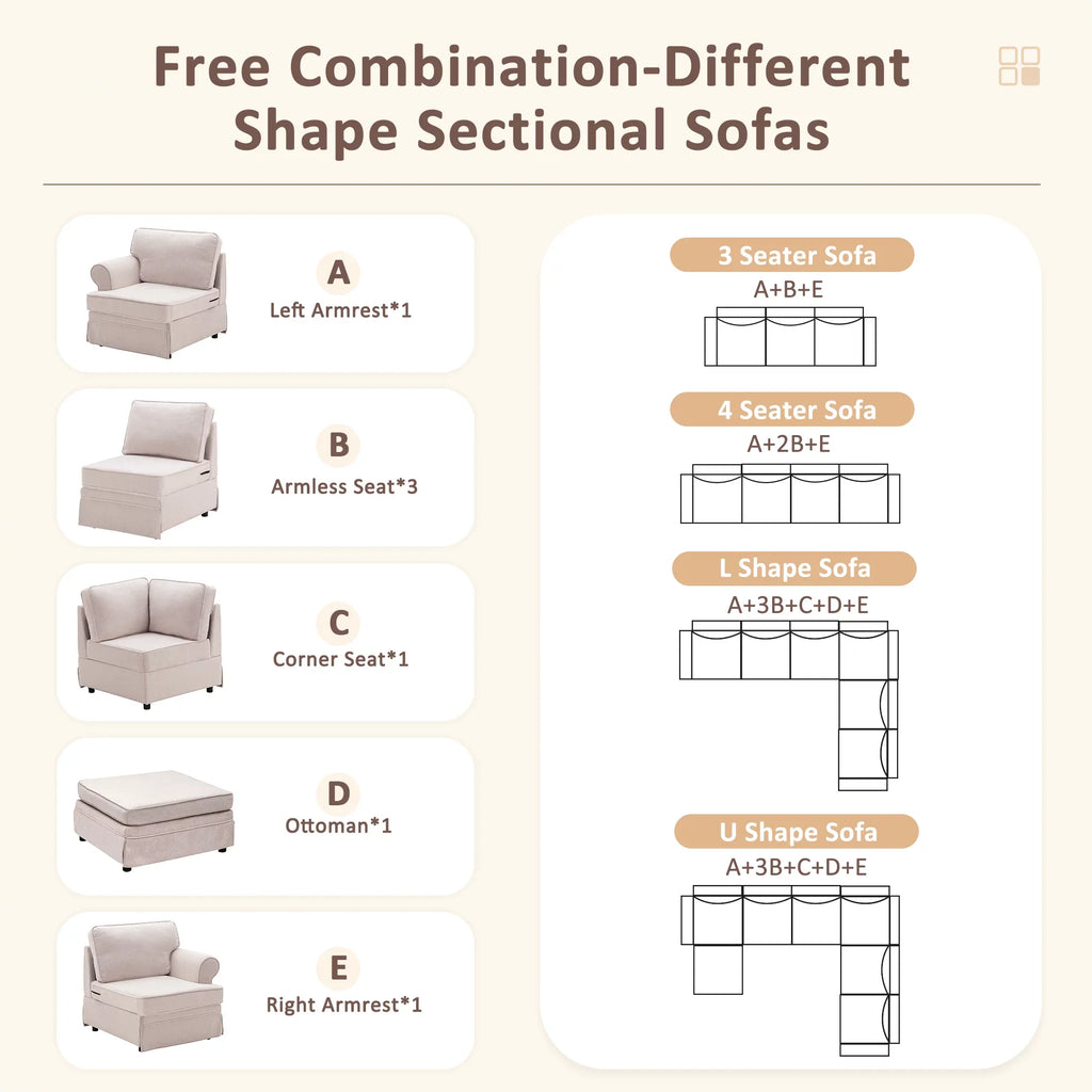 Euroco Fabric Sofa L shaped Upholstered Modular Sofa Collection, Sectional Couch with Removable Ottoman for Living Room, Beige, 108" x 84"