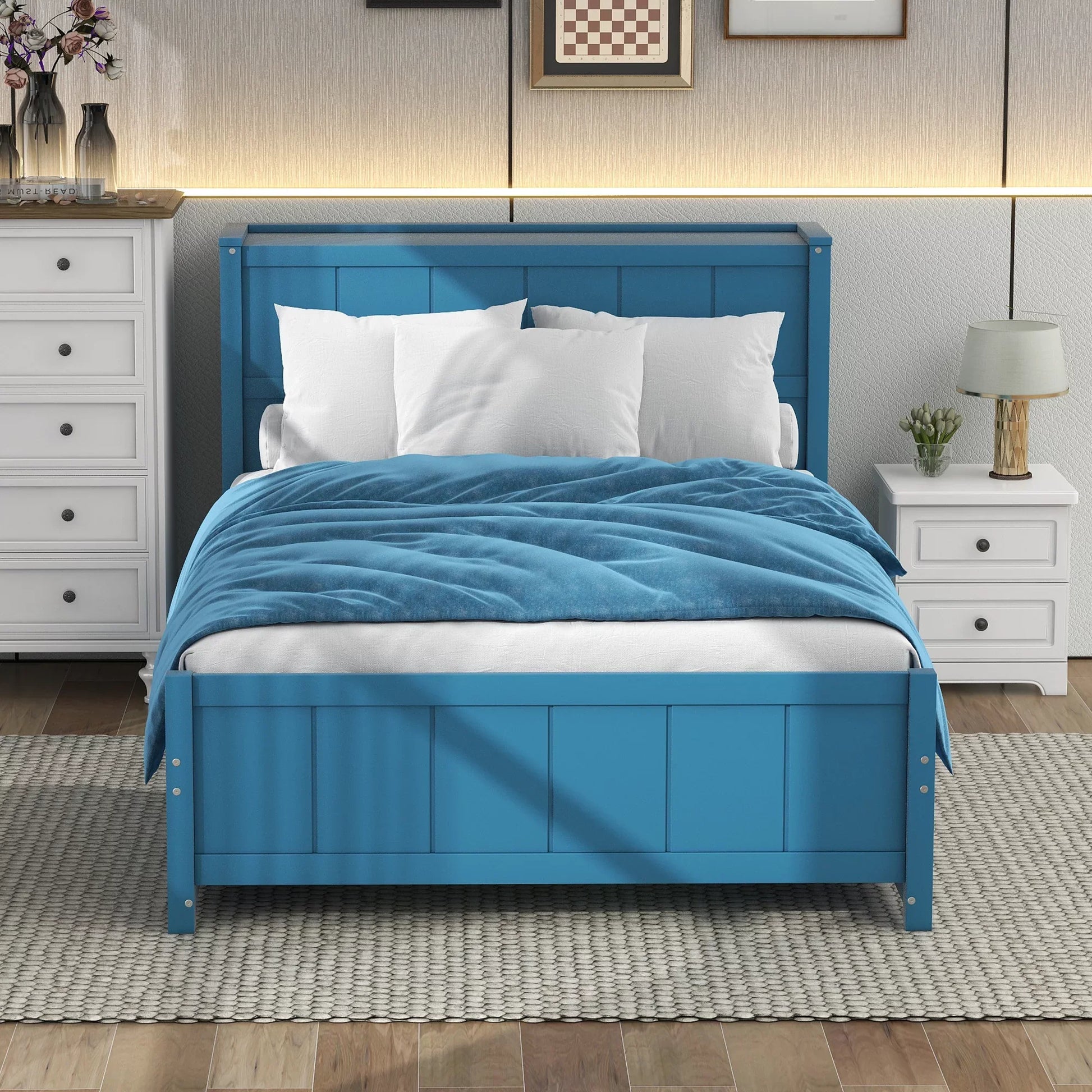 Wood Full Platform Bed with Storage Headboard Shelf and Drawers for Room, Blue