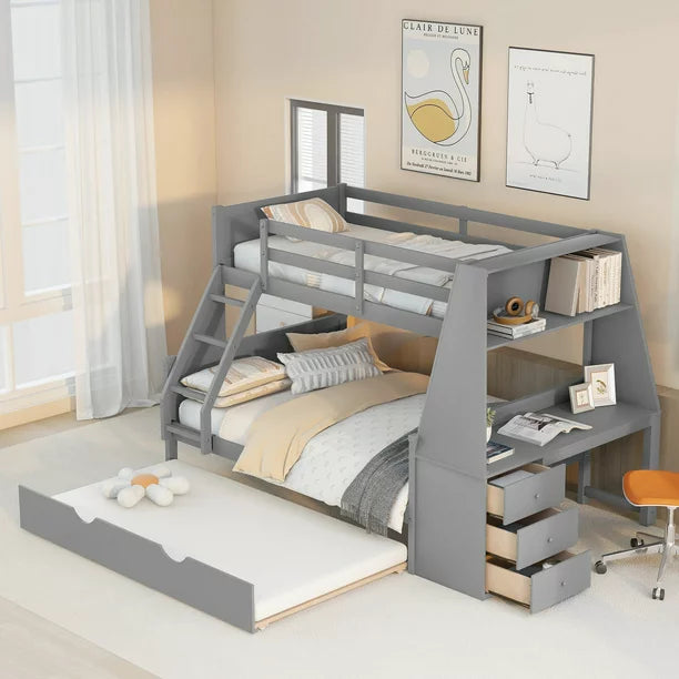 EUROCO Twin over Full Bunk Bed with Trundle and Attached Cabinet, Desk and Drawers, Gray
