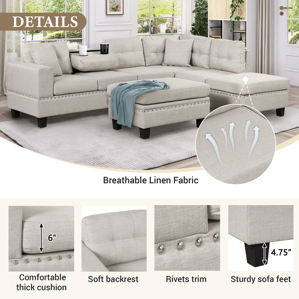 Euroco Modern Sectional Sofa with Storage Ottoman, L-Shape Couch with 2 Pillows and Cup Holder, Sectional Sofa with Reversible Chaise for Living Room, Light Gray, 104.5"