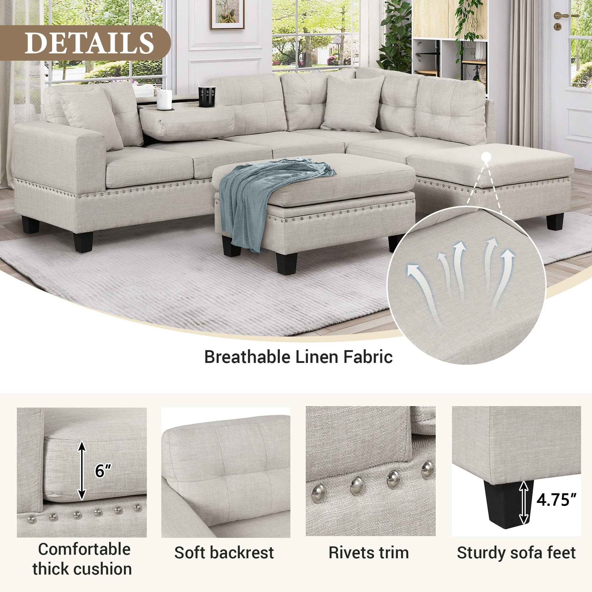 Euroco Modern Sectional Sofa with Storage Ottoman, L-Shape Couch with 2 Pillows and Cup Holder, Sectional Sofa with Reversible Chaise for Living Room, Light Gray, 104.5"